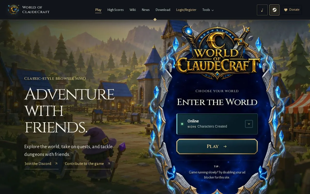 World of ClaudeCraft 첫 화면